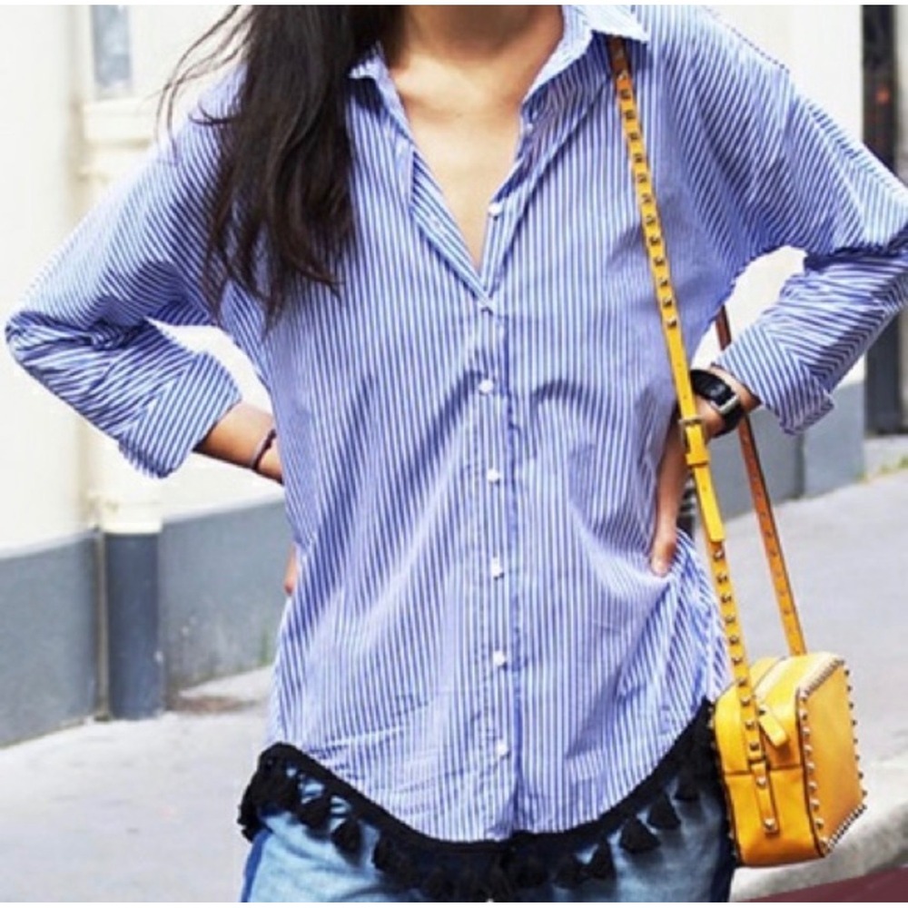 Zara Woman Blue White Striped Tassel Hem Button Down Shirt XL Oversized Boho